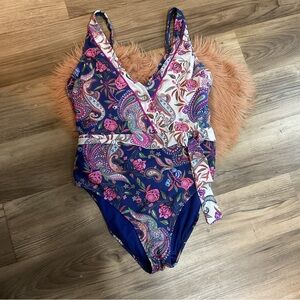 LA BLANCA Floral Purple One Piece Swim Suit Size 16